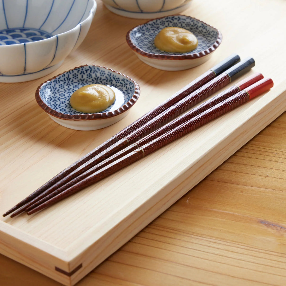 Vermilion & Black Urushi Line Chopstick Set with lacquered finish and textured grip, elegant Japanese utensils for everyday dining.